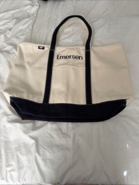 Lands' End Cream and Black Canvas Tote with Name Embroidery